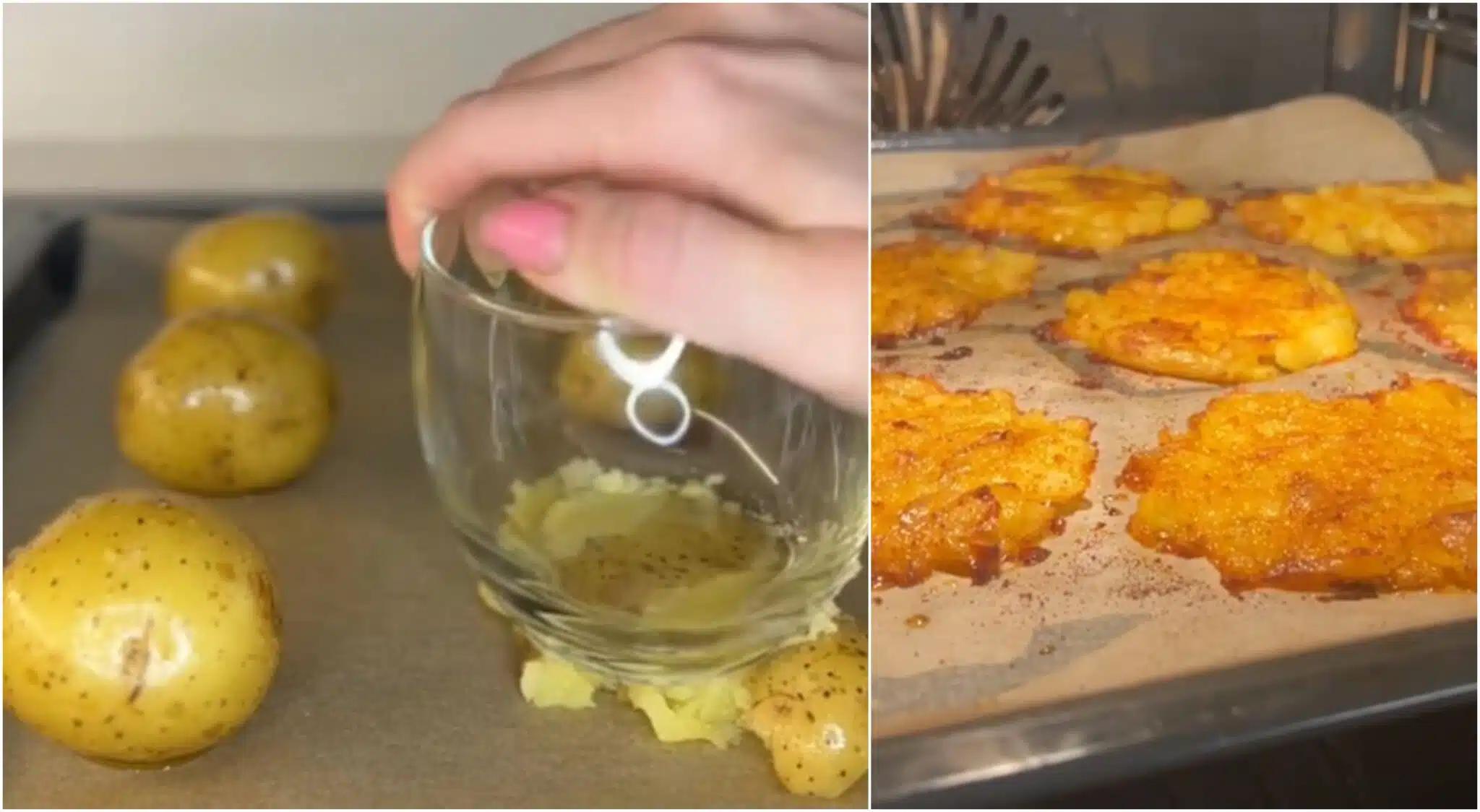 Paina perunoita juomalasilla: Liiskatut potut ovat rapeita ja suussa sulavia