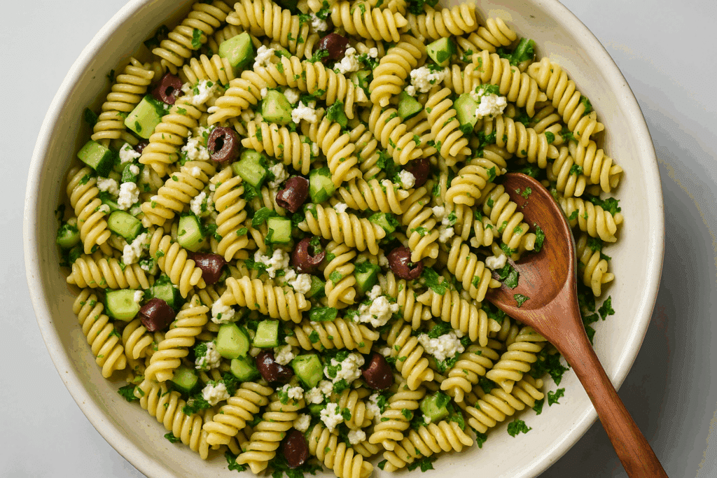 Helppo kreikkalainen pastasalaatti: "Kaikki pyytävät minua valmistamaan tätä" Helppo kreikkalainen pastasalaatti: ”Kaikki pyytävät minua valmistamaan tätä”