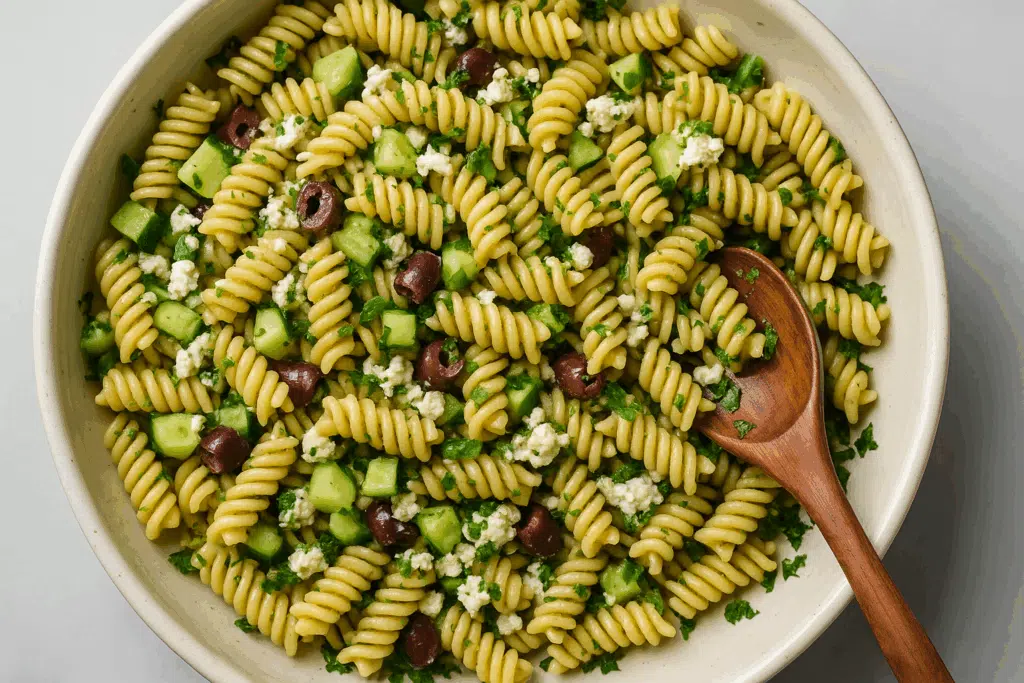 Helppo kreikkalainen pastasalaatti: ”Kaikki pyytävät minua valmistamaan tätä”