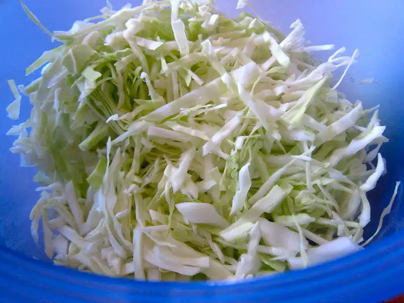 Aasialaishenkinen kaalisalaatti maistuu mahtavalta erityisesti makkaran kanssa