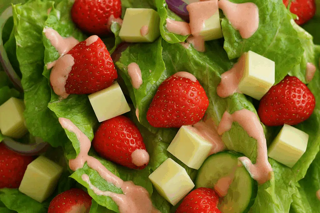 Tämä mansikkasalaatti toimii raikkaana grilliruoan lisukkeena tai kevyenä lounaana