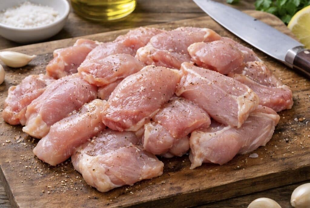 Näin teet tajuttoman hyvää kanaa – heitä kaikki aineet yhteen vuokaan Broilerin paistileikkeet leikkuulaudalla.