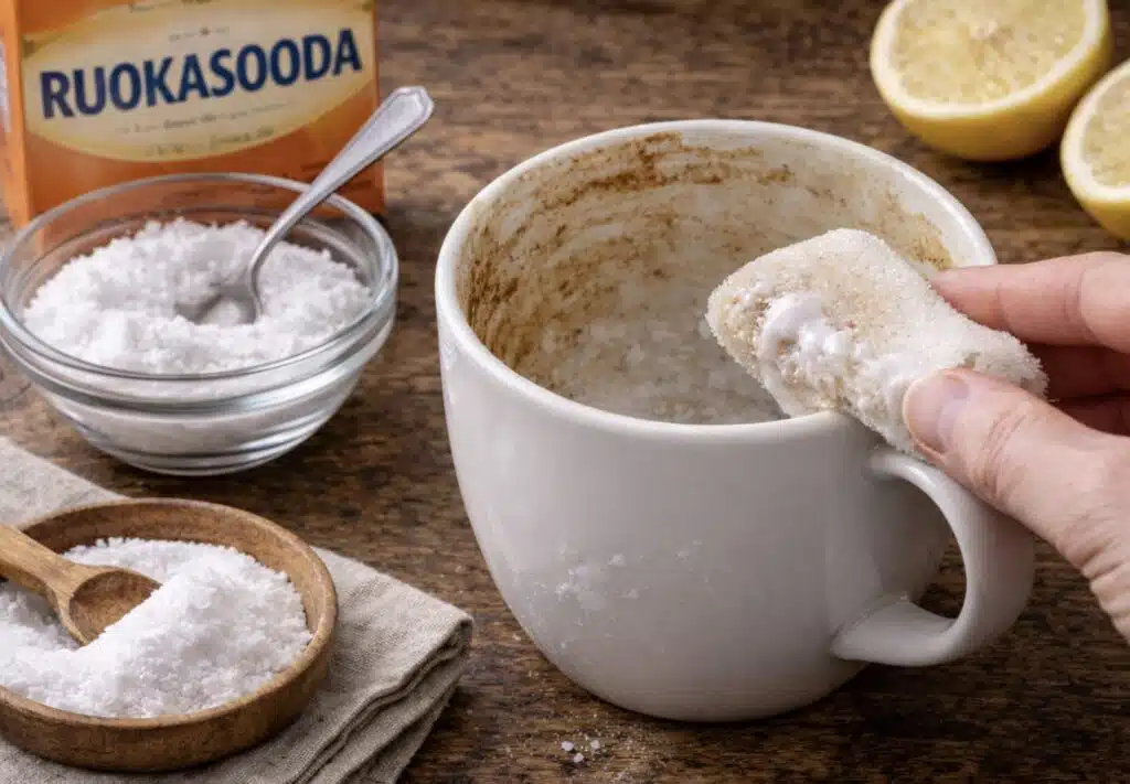 Kahvikuppiin pinttyneen lian saa pois yhdellä aineella Kahvikuppiin pinttyneen lian saa pois yhdellä aineella