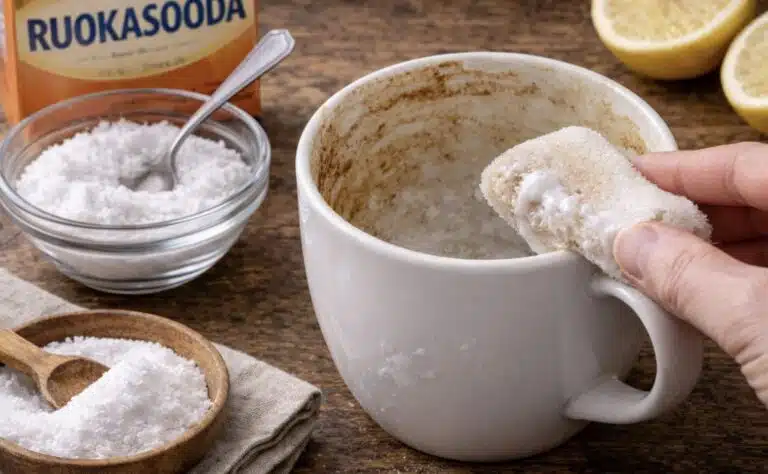 Kahvikuppiin pinttyneen lian saa pois yhdellä aineella Kahvikuppiin pinttyneen lian saa pois yhdellä aineella