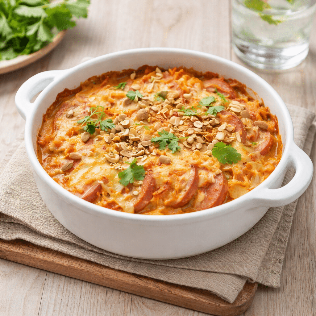 Lenkkimakkaragratiini saa makua currysta ja sambal oelekista.