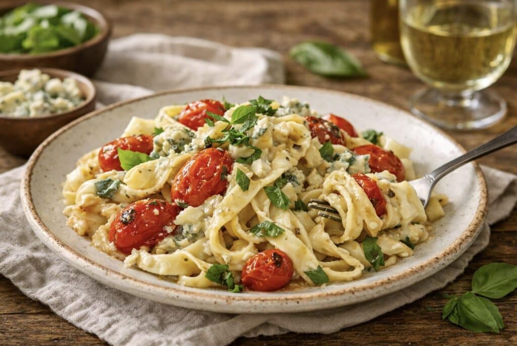 Helppo uunisinihomejuustopasta – maistuu aivan kuin olisi huippuravintolassa Tagliatellea