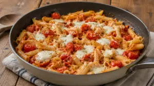 Kaada pasta tomaattien päälle – mozzarella sulaa suoraan kastikkeeksi